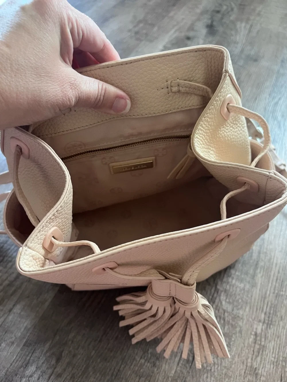 Tory Burch Thea Backpack Mini Pale Pink Pebbled Leather Tassel